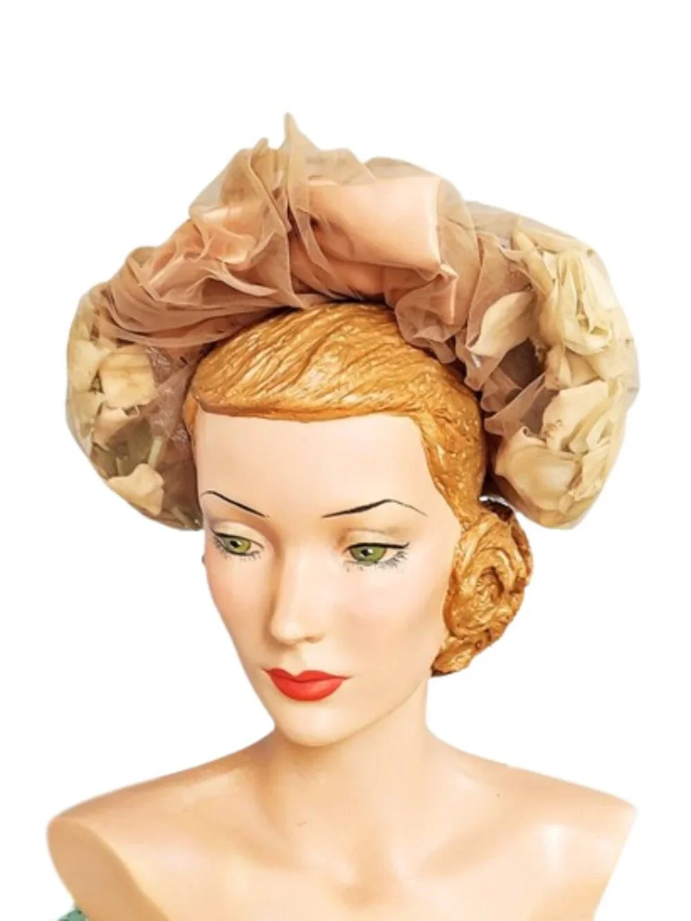 Vintage 1950s Halo Open Crown Hat With Roses And Bows Covered With Tan Netting - Picture 2 of 7